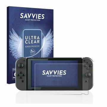 Face avant d’un emballage produit avec le logo de la marque Savvies. À côté, l’appareil Nintendo Switch est représenté avec la