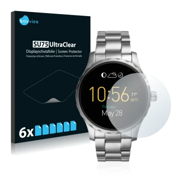 Face avant d’un emballage produit avec le logo de la marque Savvies. À côté, l’appareil Fossil Q Marshal (2.Gen) est représent