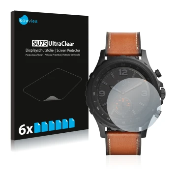 Face avant d’un emballage produit avec le logo de la marque Savvies. À côté, l’appareil Fossil Q Nate est représenté avec la p