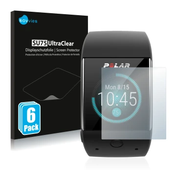 Face avant d’un emballage produit avec le logo de la marque Savvies. À côté, l’appareil Polar M600 est représenté avec la prot