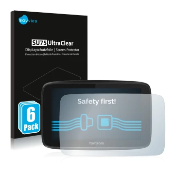 Face avant d’un emballage produit avec le logo de la marque Savvies. À côté, l’appareil TomTom GO 5200 est représenté avec la 