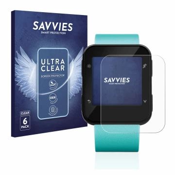 Face avant d’un emballage produit avec le logo de la marque Savvies. À côté, l’appareil Garmin Forerunner 35 est représenté av