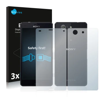 Face avant d’un emballage produit avec le logo de la marque Savvies. À côté, l’appareil Sony Xperia Z3 Compact D5803 (Avant+Ar