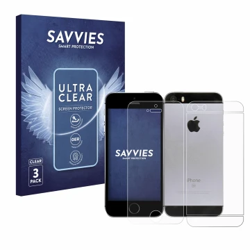 Face avant d’un emballage produit avec le logo de la marque Savvies. À côté, l’appareil Apple iPhone SE 2016 (Avant+Arrière) e