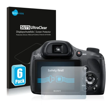 Face avant d’un emballage produit avec le logo de la marque Savvies. À côté, l’appareil Sony Cyber-Shot DSC-HX350 est représen