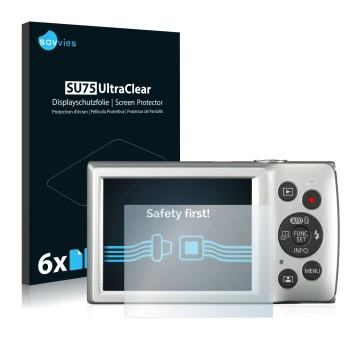 Face avant d’un emballage produit avec le logo de la marque Savvies. À côté, l’appareil Canon Digital Ixus 185 est représenté 