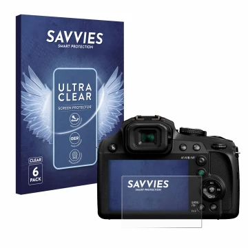 Face avant d’un emballage produit avec le logo de la marque Savvies. À côté, l’appareil Panasonic Lumix DC-FZ82 est représenté