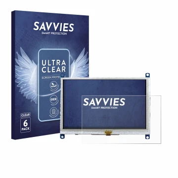 Face avant d’un emballage produit avec le logo de la marque Savvies. À côté, l’appareil Raspberry Pi Touchscreen 5