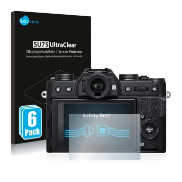 Face avant d’un emballage produit avec le logo de la marque Savvies. À côté, l’appareil Fujifilm X-T20 est représenté avec la 