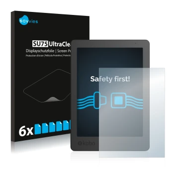 Face avant d’un emballage produit avec le logo de la marque Savvies. À côté, l’appareil Kobo Aura Edition 2 est représenté ave