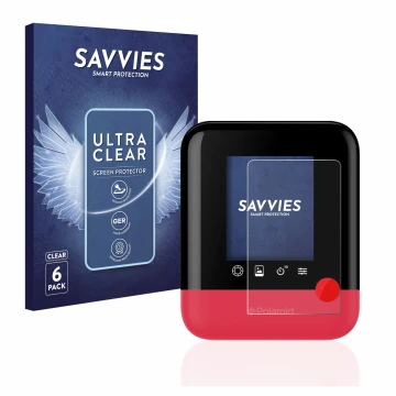 Face avant d’un emballage produit avec le logo de la marque Savvies. À côté, l’appareil Polaroid Pop est représenté avec la pr