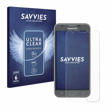 Face avant d’un emballage produit avec le logo de la marque Savvies. À côté, l’appareil Samsung Galaxy J3 2017 est représenté 