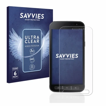 Face avant d’un emballage produit avec le logo de la marque Savvies. À côté, l’appareil Samsung Galaxy XCover 4 est représenté