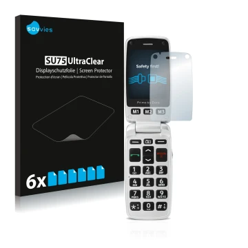 Face avant d’un emballage produit avec le logo de la marque Savvies. À côté, l’appareil Doro Primo 413 est représenté avec la 