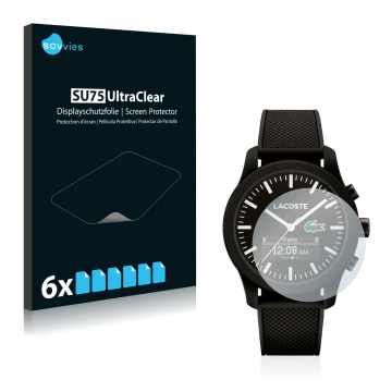 Face avant d’un emballage produit avec le logo de la marque Savvies. À côté, l’appareil Lacoste 12.12 Contact est représenté a