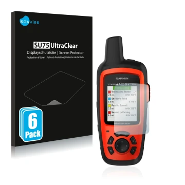 Face avant d’un emballage produit avec le logo de la marque Savvies. À côté, l’appareil Garmin inReach Explorer+ est représent