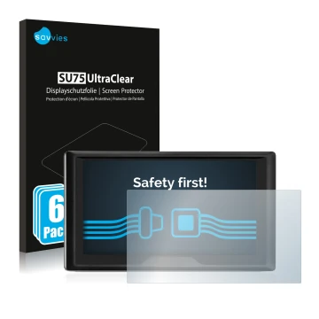 Face avant d’un emballage produit avec le logo de la marque Savvies. À côté, l’appareil Garmin Drive 61 LMT-S est représenté a