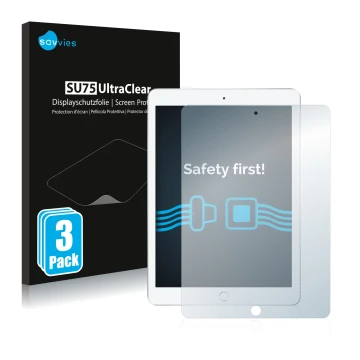 Face avant d’un emballage produit avec le logo de la marque Savvies. À côté, l’appareil Apple iPad 9.7 2017 (5ème Gen.) est re