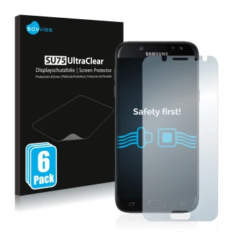 Face avant d’un emballage produit avec le logo de la marque Savvies. À côté, l’appareil Samsung Galaxy J5 2017 est représenté 