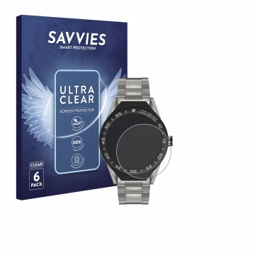 Face avant d’un emballage produit avec le logo de la marque Savvies. À côté, l’appareil TAG Heuer Connected Modular 45 est rep