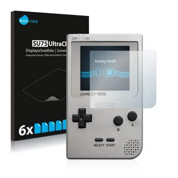 Face avant d’un emballage produit avec le logo de la marque Savvies. À côté, l’appareil Nintendo Gameboy Pocket est représenté