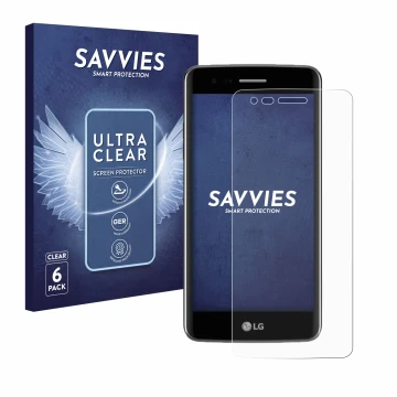 Face avant d’un emballage produit avec le logo de la marque Savvies. À côté, l’appareil LG K8 2017 est représenté avec la prot