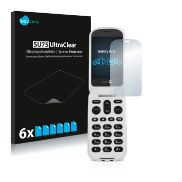 Face avant d’un emballage produit avec le logo de la marque Savvies. À côté, l’appareil Doro 6050 est représenté avec la prote