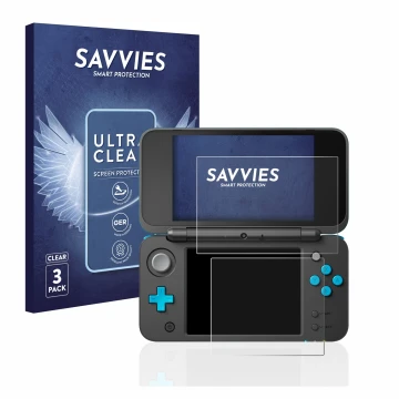 Face avant d’un emballage produit avec le logo de la marque Savvies. À côté, l’appareil Nintendo 2DS XL est représenté avec la
