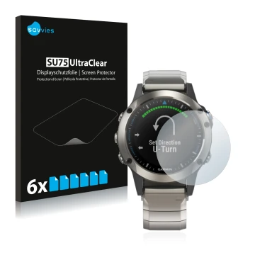 Face avant d’un emballage produit avec le logo de la marque Savvies. À côté, l’appareil Garmin quatix 5 est représenté avec la