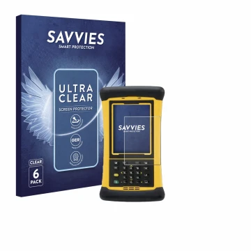 Face avant d’un emballage produit avec le logo de la marque Savvies. À côté, l’appareil Trimble Nomad 1050XE est représenté av