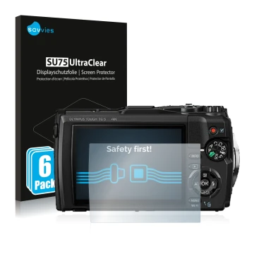 Face avant d’un emballage produit avec le logo de la marque Savvies. À côté, l’appareil Olympus Tough TG-5 est représenté avec