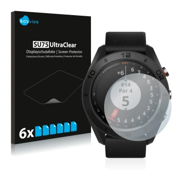 Face avant d’un emballage produit avec le logo de la marque Savvies. À côté, l’appareil Garmin Approach S60 est représenté ave