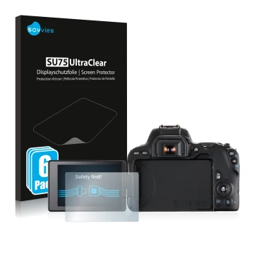 Face avant d’un emballage produit avec le logo de la marque Savvies. À côté, l’appareil Canon EOS 200D est représenté avec la 