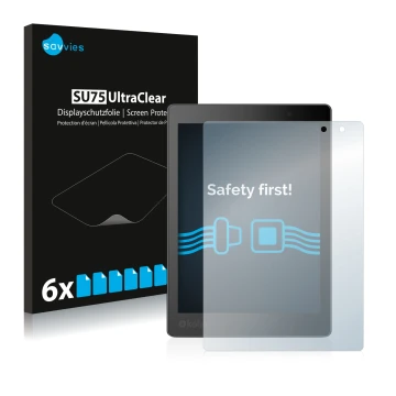 Face avant d’un emballage produit avec le logo de la marque Savvies. À côté, l’appareil Kobo Aura One est représenté avec la p