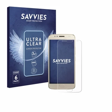 Face avant d’un emballage produit avec le logo de la marque Savvies. À côté, l’appareil Motorola Moto G5S est représenté avec 
