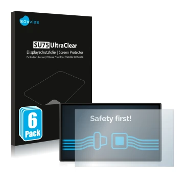 Face avant d’un emballage produit avec le logo de la marque Savvies. À côté, l’appareil Garmin DriveSmart 61 LMT-S est représe