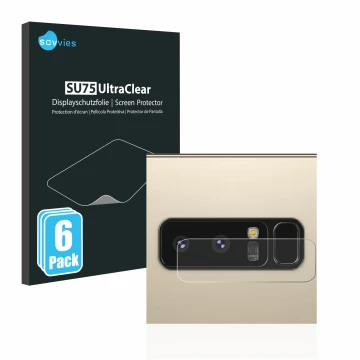 Face avant d’un emballage produit avec le logo de la marque Savvies. À côté, l’appareil Samsung Galaxy Note 8 (Caméra UNIQUEME