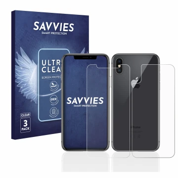 Face avant d’un emballage produit avec le logo de la marque Savvies. À côté, l’appareil Apple iPhone X (Avant+Arrière) est rep
