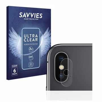 Face avant d’un emballage produit avec le logo de la marque Savvies. À côté, l’appareil Apple iPhone X (Caméra UNIQUEMENT) est
