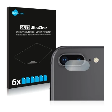 Face avant d’un emballage produit avec le logo de la marque Savvies. À côté, l’appareil Apple iPhone 8 Plus (Caméra UNIQUEMENT