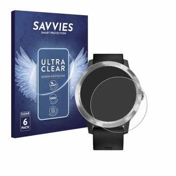 Face avant d’un emballage produit avec le logo de la marque Savvies. À côté, l’appareil Garmin vivoactive 3 est représenté ave