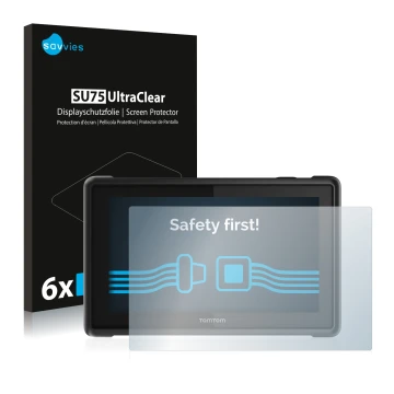 Face avant d’un emballage produit avec le logo de la marque Savvies. À côté, l’appareil TomTom Pro 8275 Truck est représenté a