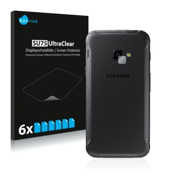 Face avant d’un emballage produit avec le logo de la marque Savvies. À côté, l’appareil Samsung Galaxy XCover 4 (Caméra UNIQUE