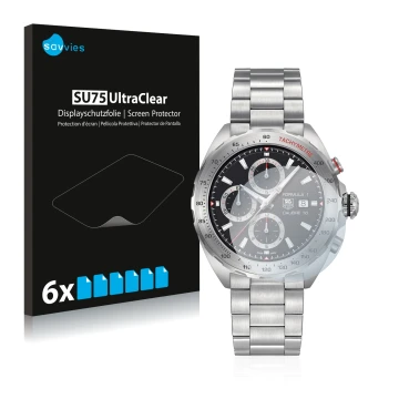 Face avant d’un emballage produit avec le logo de la marque Savvies. À côté, l’appareil TAG Heuer Formula 1 (44 mm) est représ