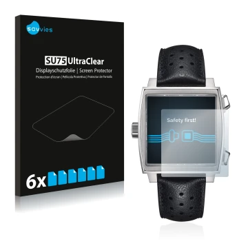 Face avant d’un emballage produit avec le logo de la marque Savvies. À côté, l’appareil TAG Heuer Monaco (39 mm) est représent