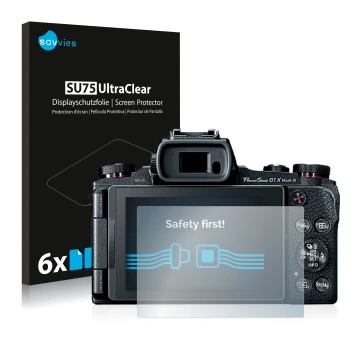 Face avant d’un emballage produit avec le logo de la marque Savvies. À côté, l’appareil Canon PowerShot G1 X Mark III est repr