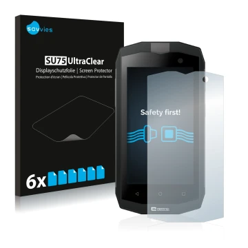 Face avant d’un emballage produit avec le logo de la marque Savvies. À côté, l’appareil Crosscall Trekker M1 est représenté av