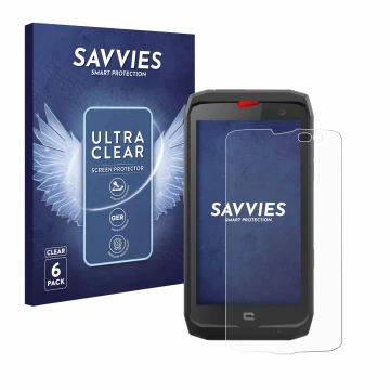 Face avant d’un emballage produit avec le logo de la marque Savvies. À côté, l’appareil Crosscall Action X3 est représenté ave