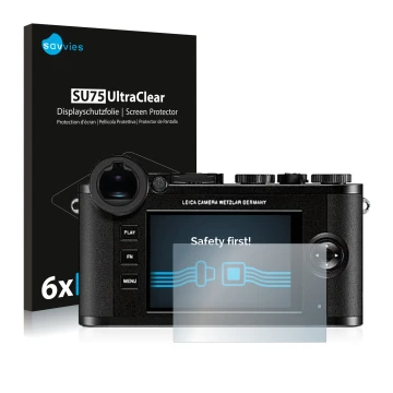 Face avant d’un emballage produit avec le logo de la marque Savvies. À côté, l’appareil Leica CL est représenté avec la protec