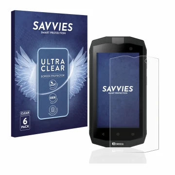 Face avant d’un emballage produit avec le logo de la marque Savvies. À côté, l’appareil Crosscall Trekker M1 Core est représen